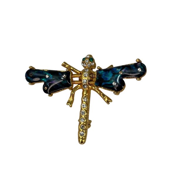 Dragonfly Brooch Pin With Rhinestones & Enamel Wings Gold Tone Insect Blue - Picture 1 of 9